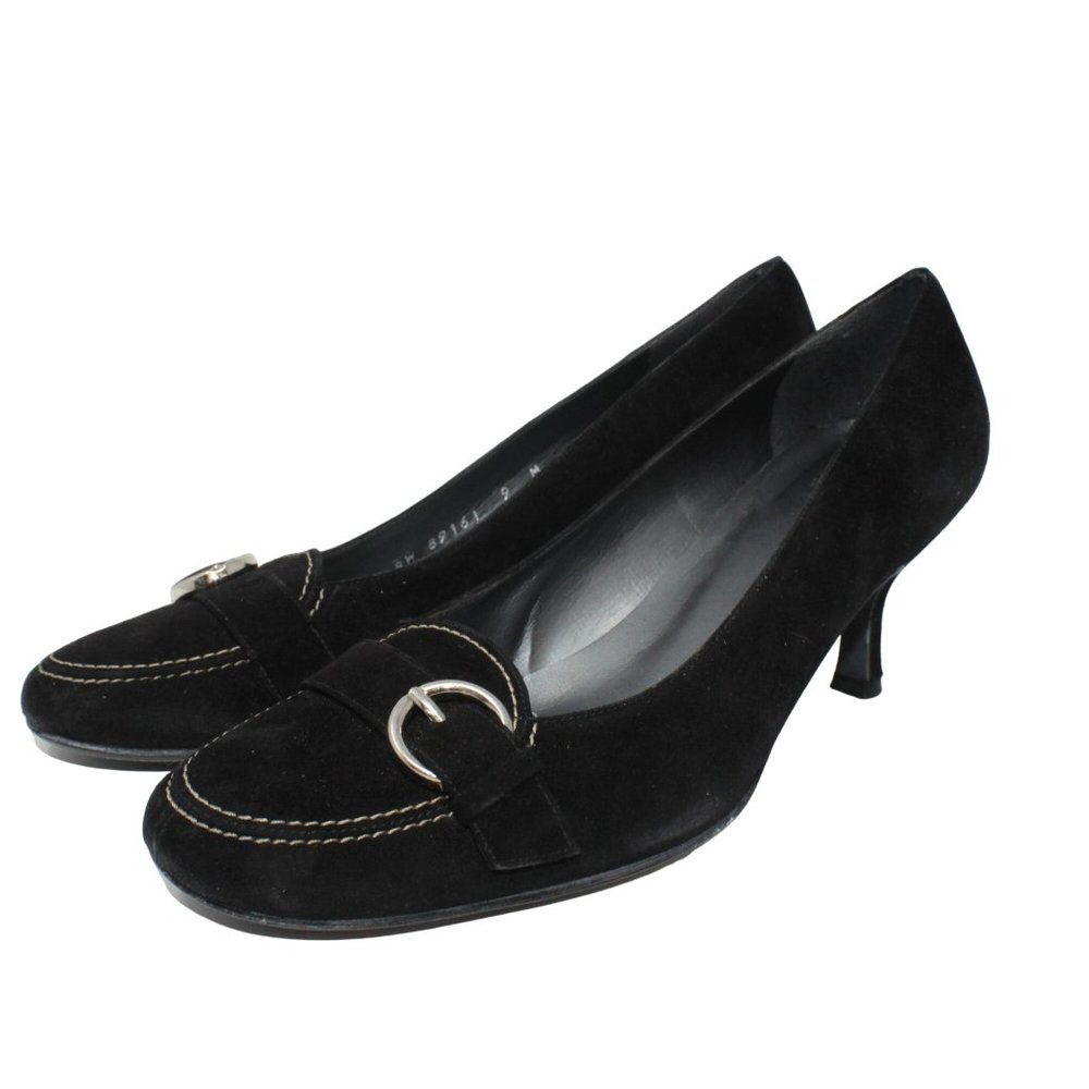 Stuart Weitzman Size 9M Black Suede Leather Madeline Buckle Detail Kitten Heels - Picture 5 of 11